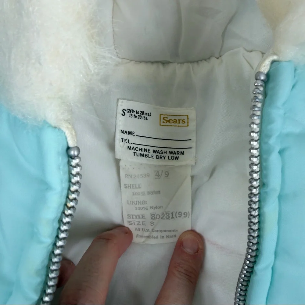 Vintage Sears Blue Tulip Puffer Winter Coat Zip Up Jacket Hood Small 6-9 Months